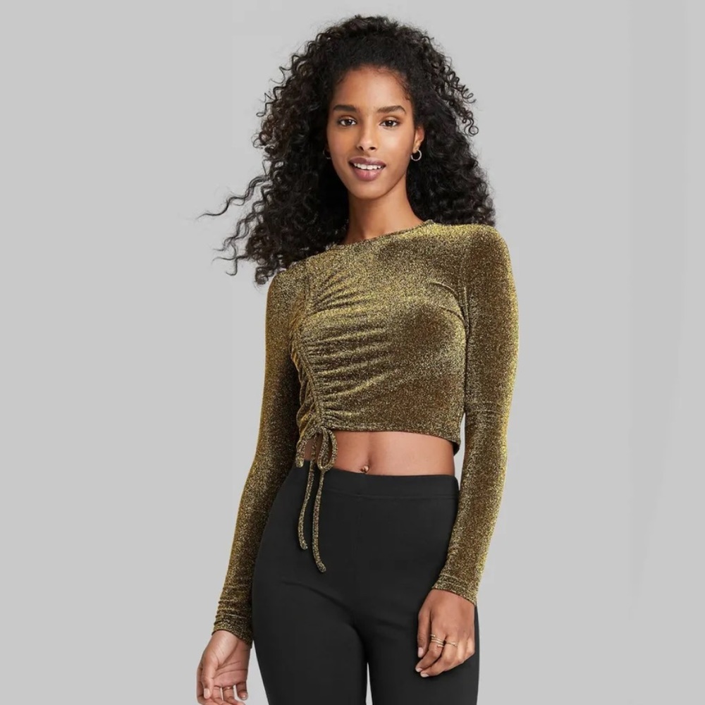 Women’s long sleeve slim fit ruched cropped top gold wild fable size S NEW